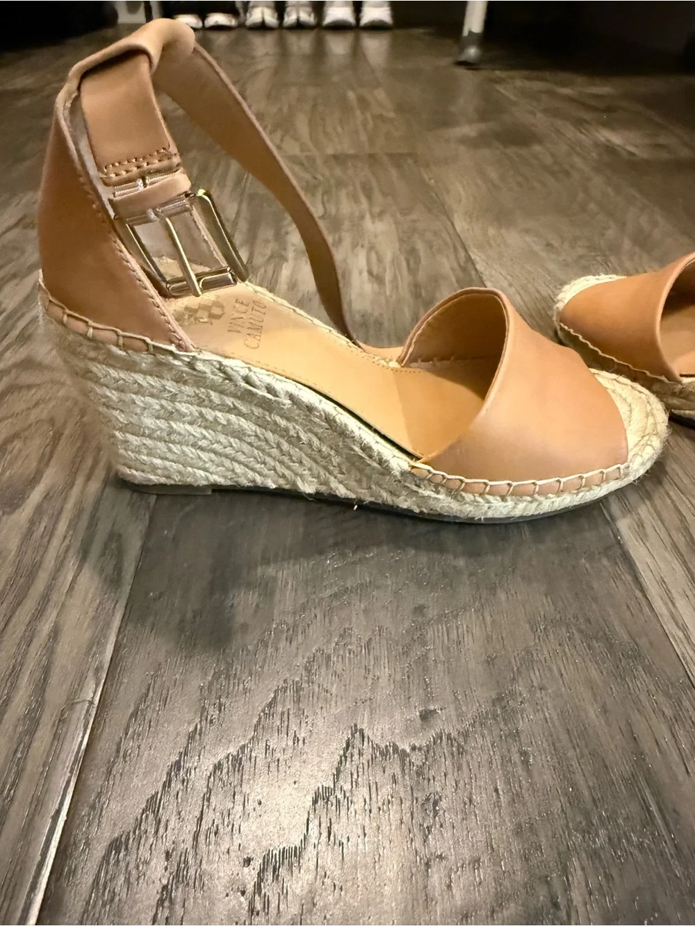 Vince Camuto Cognac Leather Espadrille Ankle-Strap Wedges